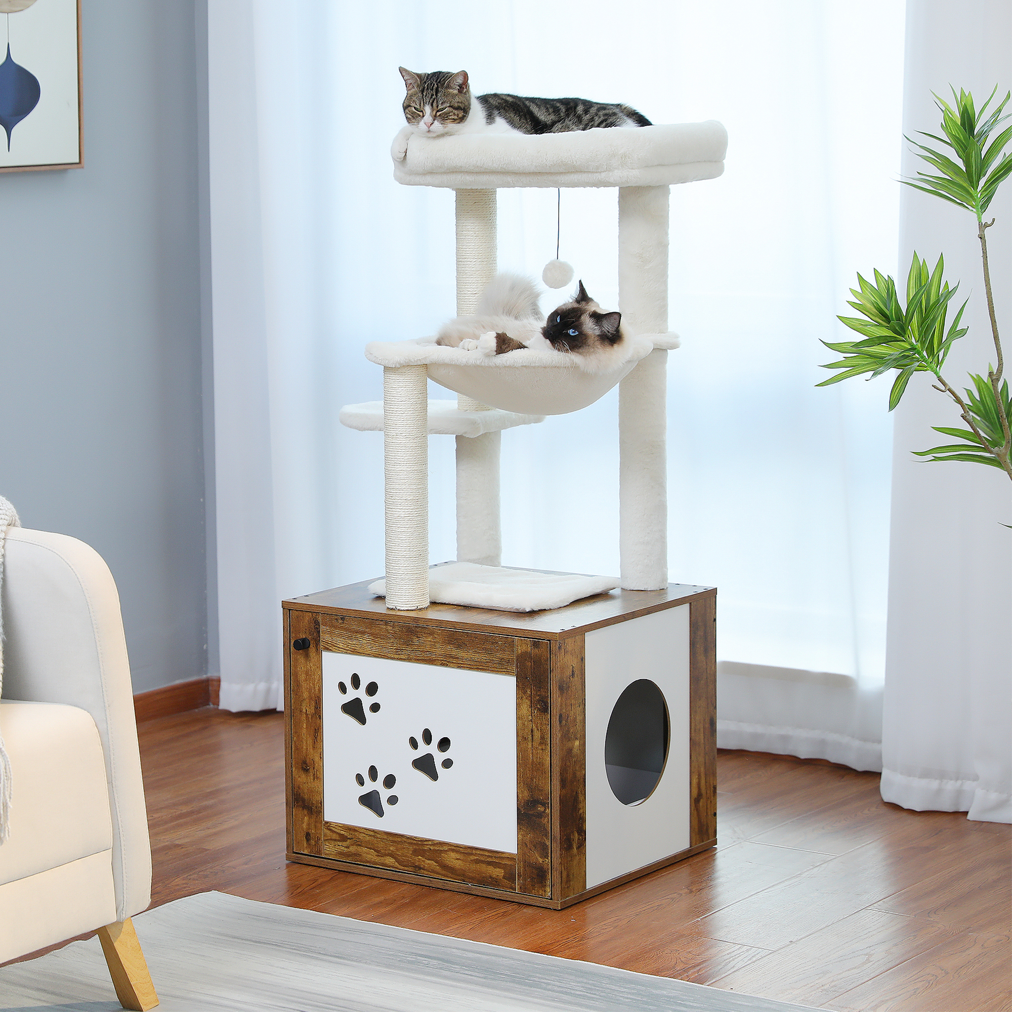 resenkos 46" Cat Tree Tower with Litter Box Enclosure, Wood Cat Condo with Hammock, Cat Scratching Posts, Removable Top Perch, Brown