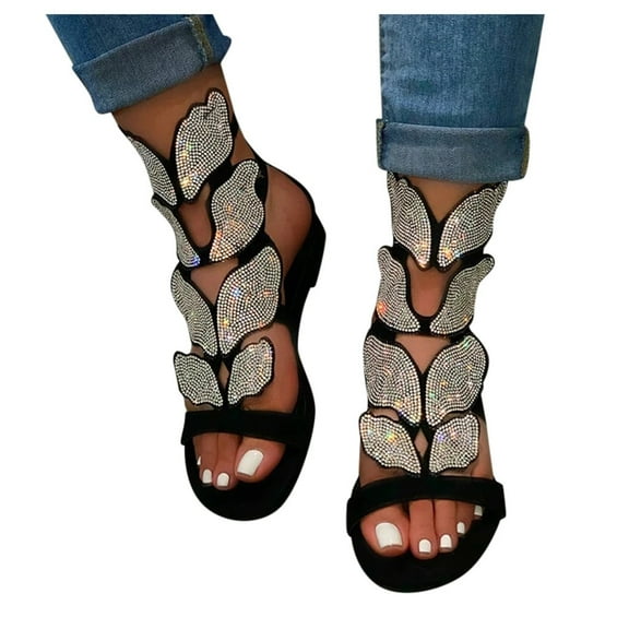Crystal Open Toe Flats Sandal for Women Shiny Rhinestone Sandals Ankle Boots Slides Shoes Low Heels Sandals