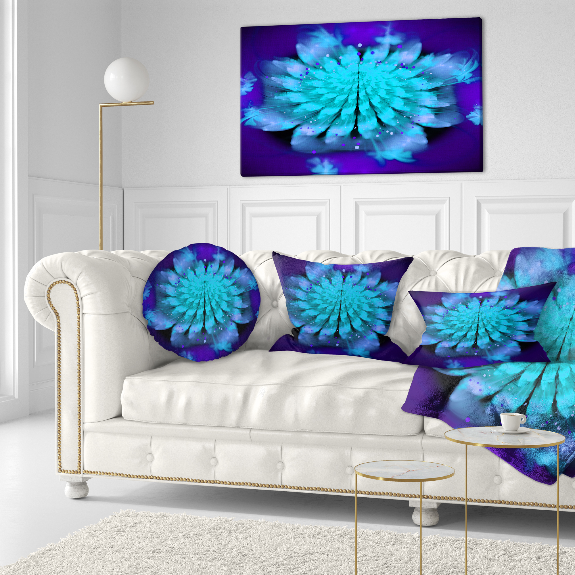 Designart Fractal Blue Spread out Flower - Floral Throw Pillow - 12x20