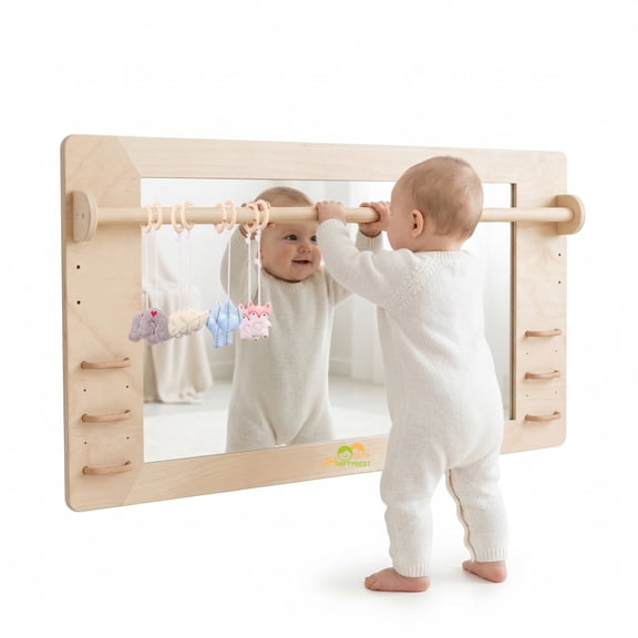 Coordination Montessori Toddler Mirror with Handle Wooden Shatterproof Acrylic Non Glass Safety Early Learning to Walk Standing Mirror for Babies Nursery Playroom Wall Mounted
