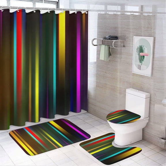 3D Abstract Lines 4PCS Shower Curtain Sets with Rugs with Non-Slip Bath Mat Toilet Rug，72" X 72"