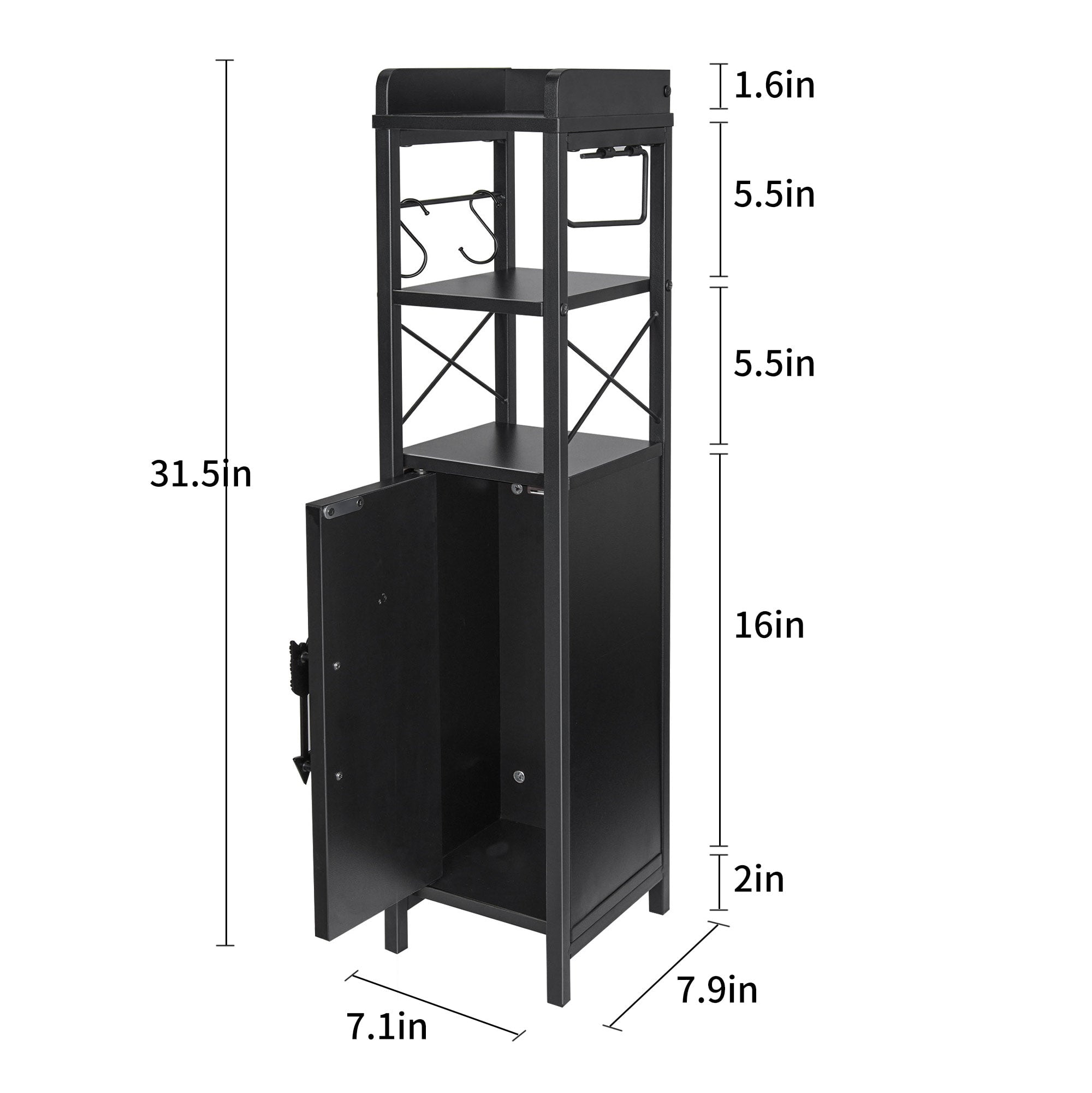 VECELO Small Bathroom Storage Cabinet, Corner Floor Cabinet with Toilet Paper Holder and Shelves, Black