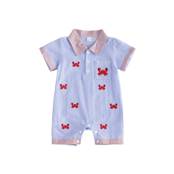 BemeyourBBs Newborn Baby Boy Girl Lobster Outfits Crayfish Crab Romper Infant Summer Clothes Stripe Print Embroidery Short Sleeve Lapel Button Down Jumpsuit