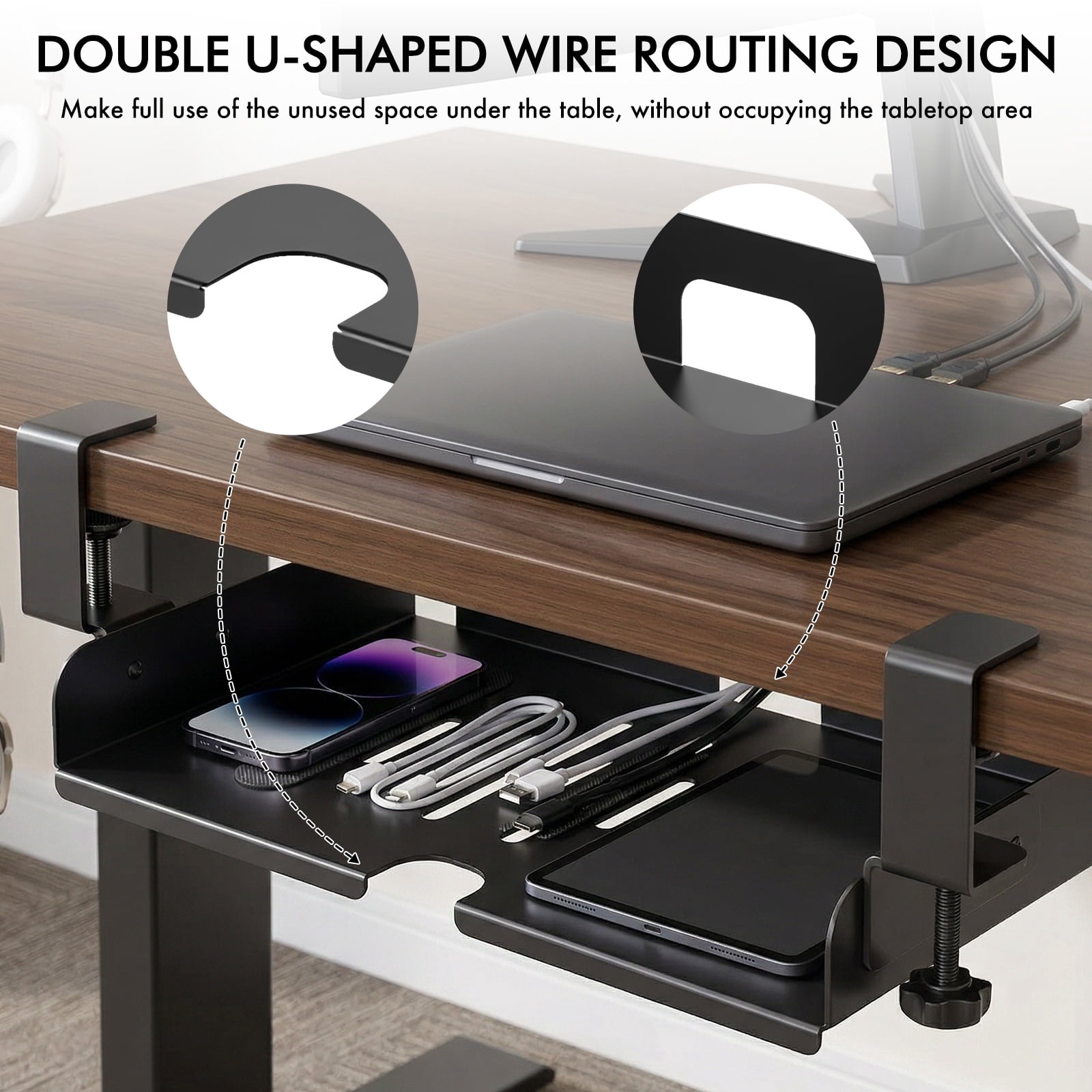 Grusce Under Desk Laptop Storage Shelf No Drill Metal Under Table Storage Tray with Cable Management and Clamp Mount Hold Up to 20 kg for Home Office Dorm