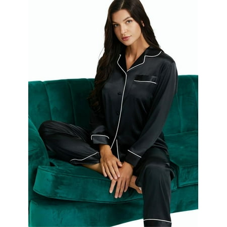 

LONXU Women s Sleepwear Silk Satin Luxury Nightwear Sets Black 2XL