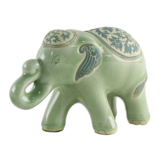 NOVICA Handmade Celadon Ceramic Sculpture of Elephant from Thailand 'Prestigious Elephant'
