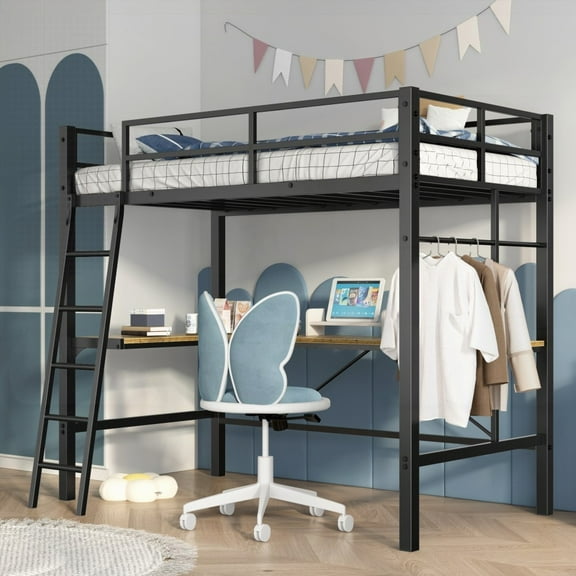 Twin Size Metal Loft Bed in Black, 400 lbs Bearing, Safety Guard & Ladder