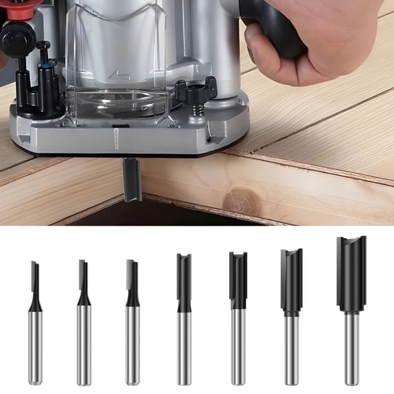 7Pcs Straight Router Bit Set 1/4 Shank 1/8" 5/32" 3/16" 1/4" 5/16" 3/8" 1/2" Double Flute Straight Router Bit for Grooving Edge Trimming Cutting