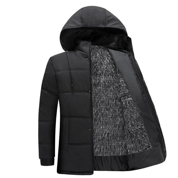 IYTR Mens Winter Jacket Long Sleeve Jacket Hat Detachable Lamb Wool Thicken Coat with Pocket Solid Color Zipper Hooded Neck Black XXL