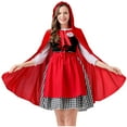 thumbnail image 1 of Pisexur Ensemble 3 Pcs pour Femmes d'Halloween, Robe Gothique de Cosplay à Col Rond, Robe Corset à Manches 3/4 avec Cordon de Serrage, Capes et Tablier Rouges à Capuche, 1 of 9
