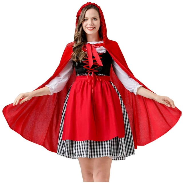 Pisexur Ensemble 3 Pcs pour Femmes d'Halloween, Robe Gothique de Cosplay à Col Rond, Robe Corset à Manches 3/4 avec Cordon de Serrage, Capes et Tablier Rouges à Capuche