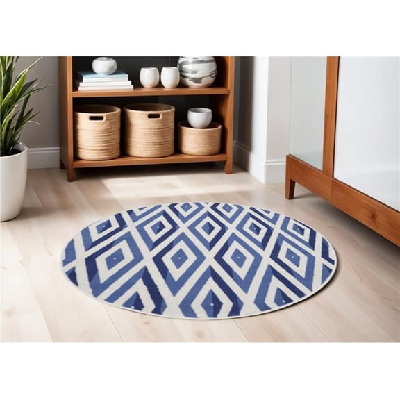 HomeRoots 552422 5 ft. Geometric Power Loom Round Rug, Ivory & Blue