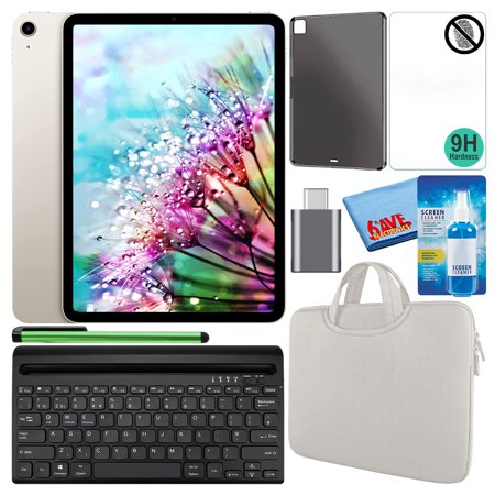 Apple 10.9" iPad Air (2022, 256GB, M1 Chip, Wi-Fi, Starlight) (MM9P3LL/A) Bundle with White Zipper Sleeve + Screen Protector + TPU Case + Keyboard + LCD Cleaner