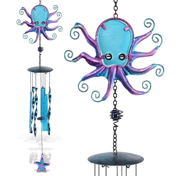 CoTa Global Octopus Wind Chime - Handmade Glass and Metal Chime - Ocean Life Hanging Decor - Colorful Home Decor Gift, Indoor and Outdoor Hanging Decoration for Porch, Patio and Garden – 27.5 Inches