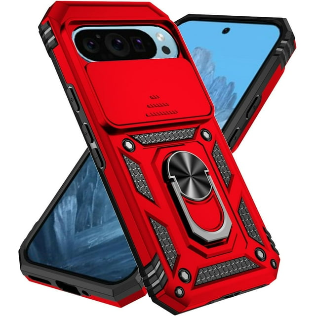 KOMI Designed for Google Pixel 9, Military-Grade Drop-Proof Case with Sliding Camera Cover and Ring Kickstand, Heavy Duty Shockproof Full Body Protective Phone Case, Red