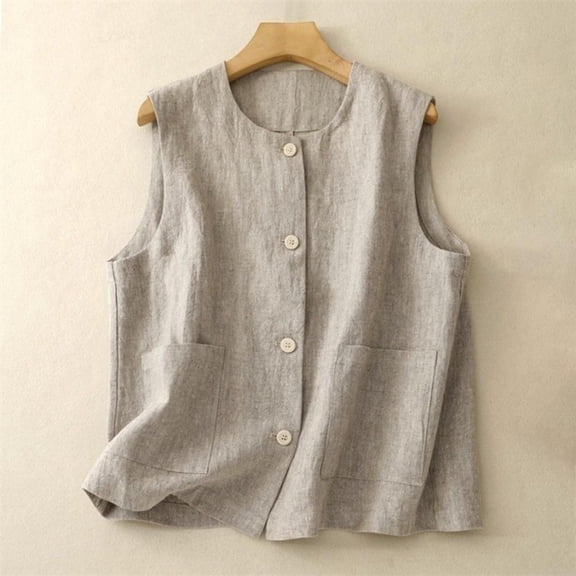 Womens Cotton Linen Vest Casual Loose Crew Neck Sleeveless Vests with Pockets 2026 Spring And Summer Solid Color Fashion Button Down Jacket Beige L