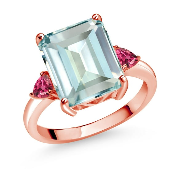 Gem Stone King 5.73 Ct Sky Blue Simulated Aquamarine Pink Tourmaline 18K Rose Gold Plated Silver Ring (Size 6)