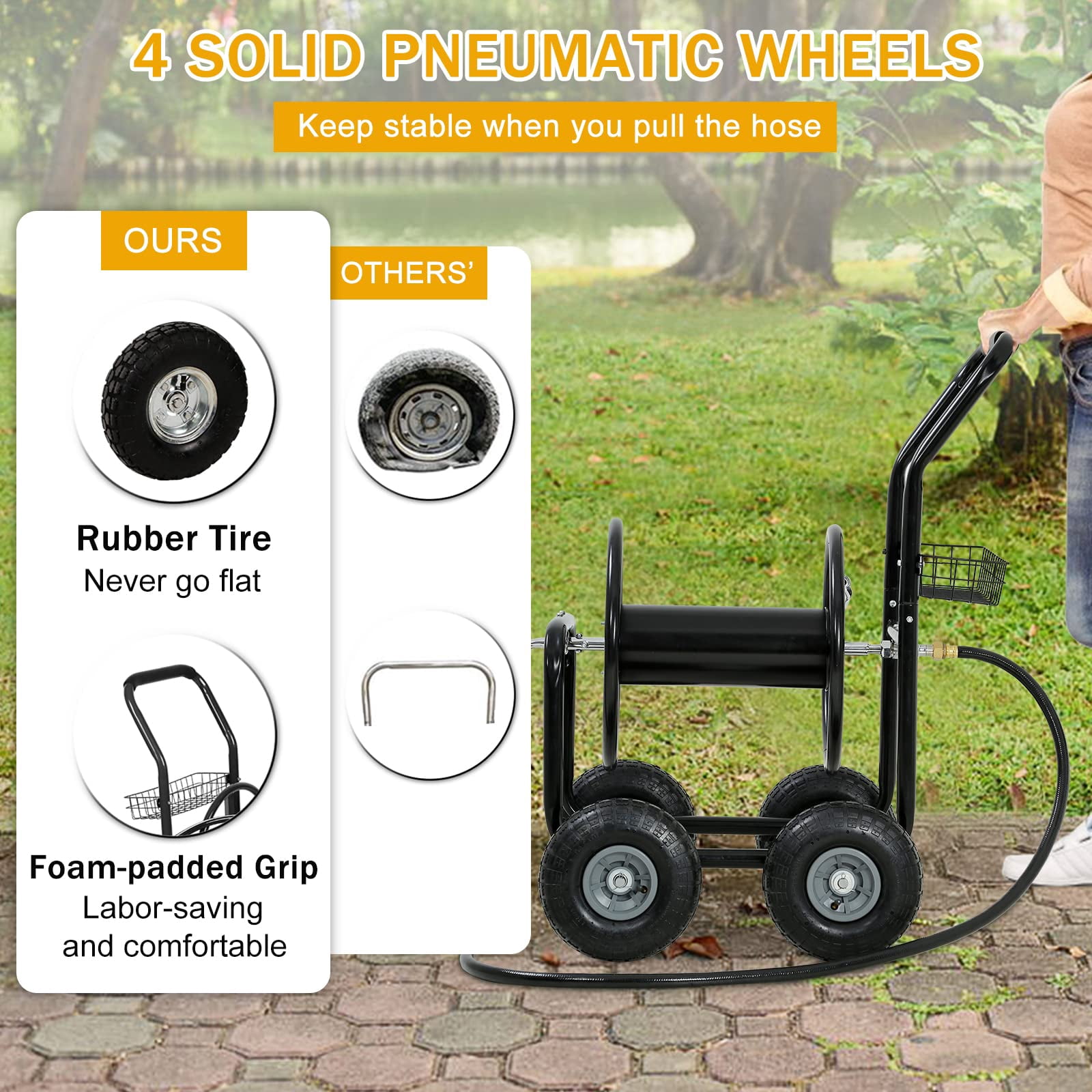 Garden Hose Reel Cart,  Hose Reel Cart with  4 Wheels, Heavy Duty Outdoor Water Planting Truck with Storage Basket (Black)