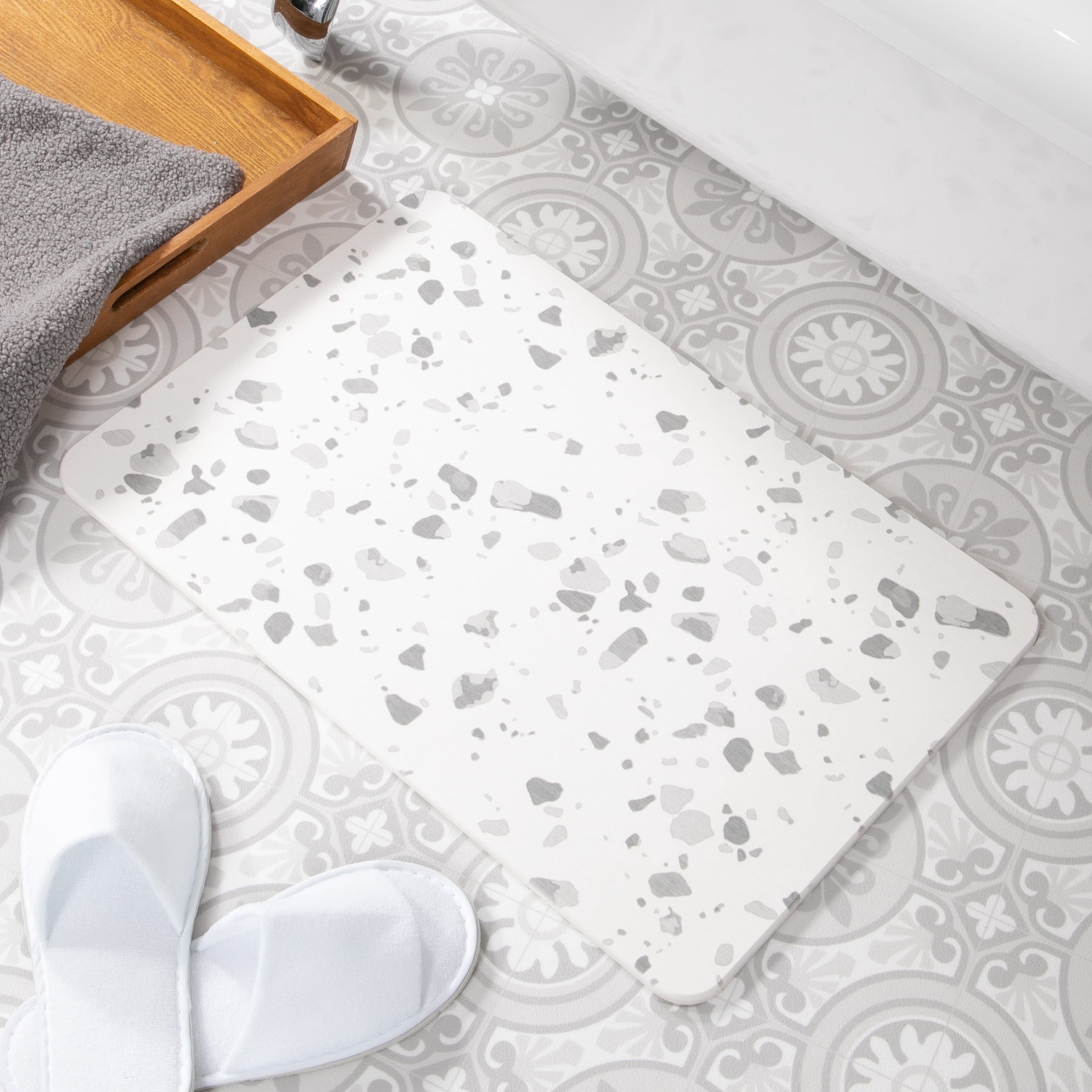 Artsy Mats Grey Terrazzo White Stone Non Slip Bath Mat