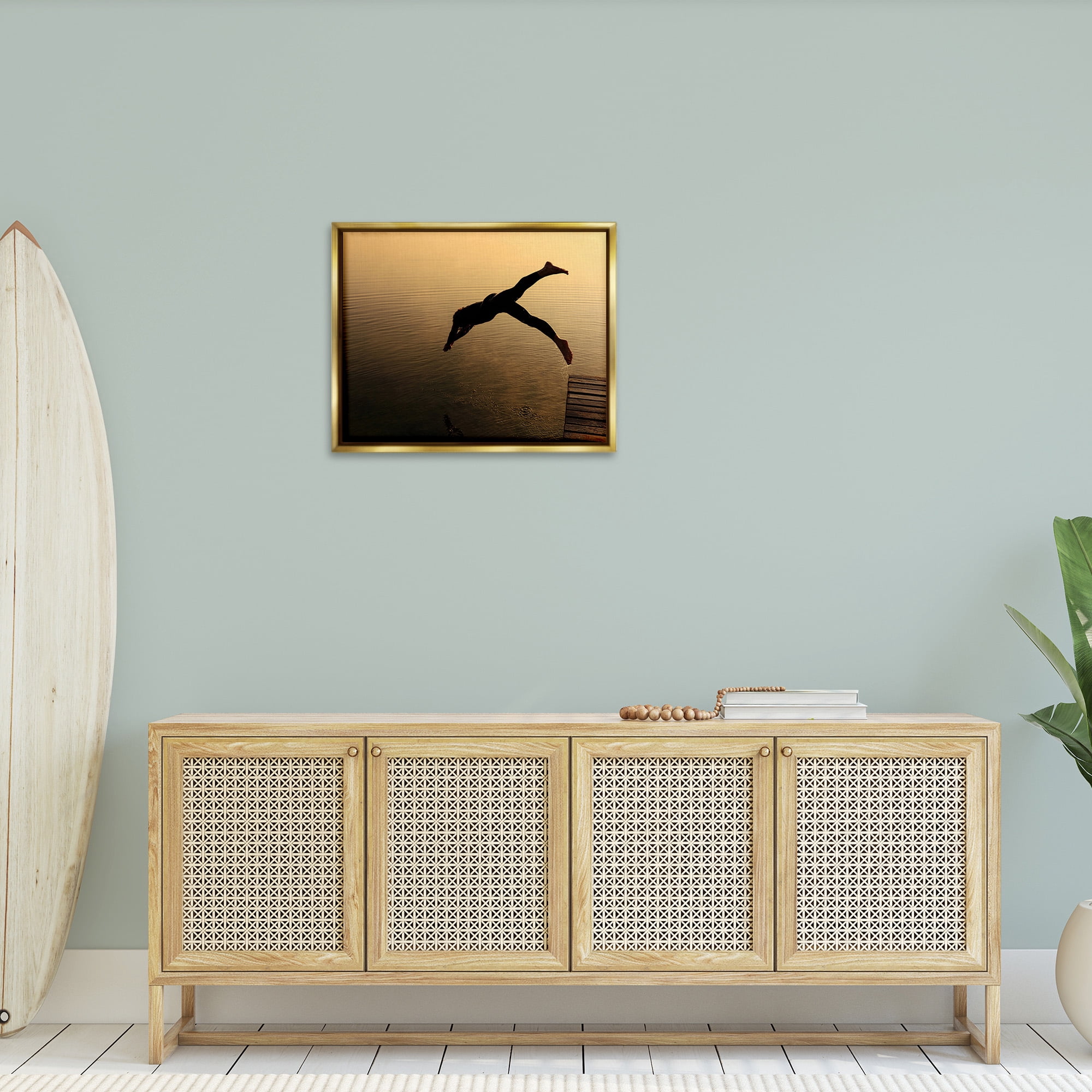 Stupell Industries Diving Off Dock Silhouette Novelty Photography Gold Floater Framed Canvas Art Print Wall Art, 31 x 25
