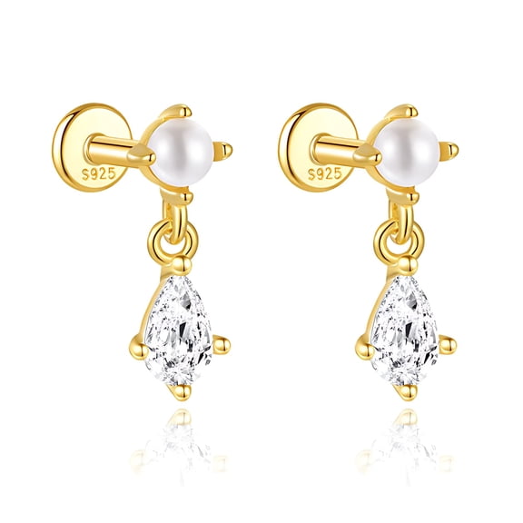 Pearl Dangle Flat Back Earrings for Women Sterling Silver 16g Cartilage Helix Lobe Body Piercing Stud Ginger Lyne