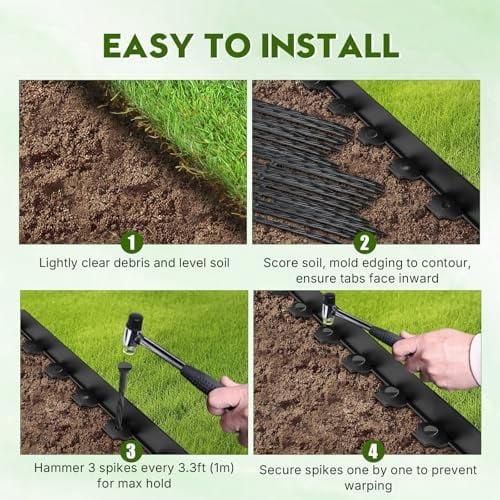 No Dig Landscape Edging 66FT, 2 Inch Plastic Edging for Landscaping with 200 Spikes, for Garden, Lawn, Flower Beds and Yard, Black