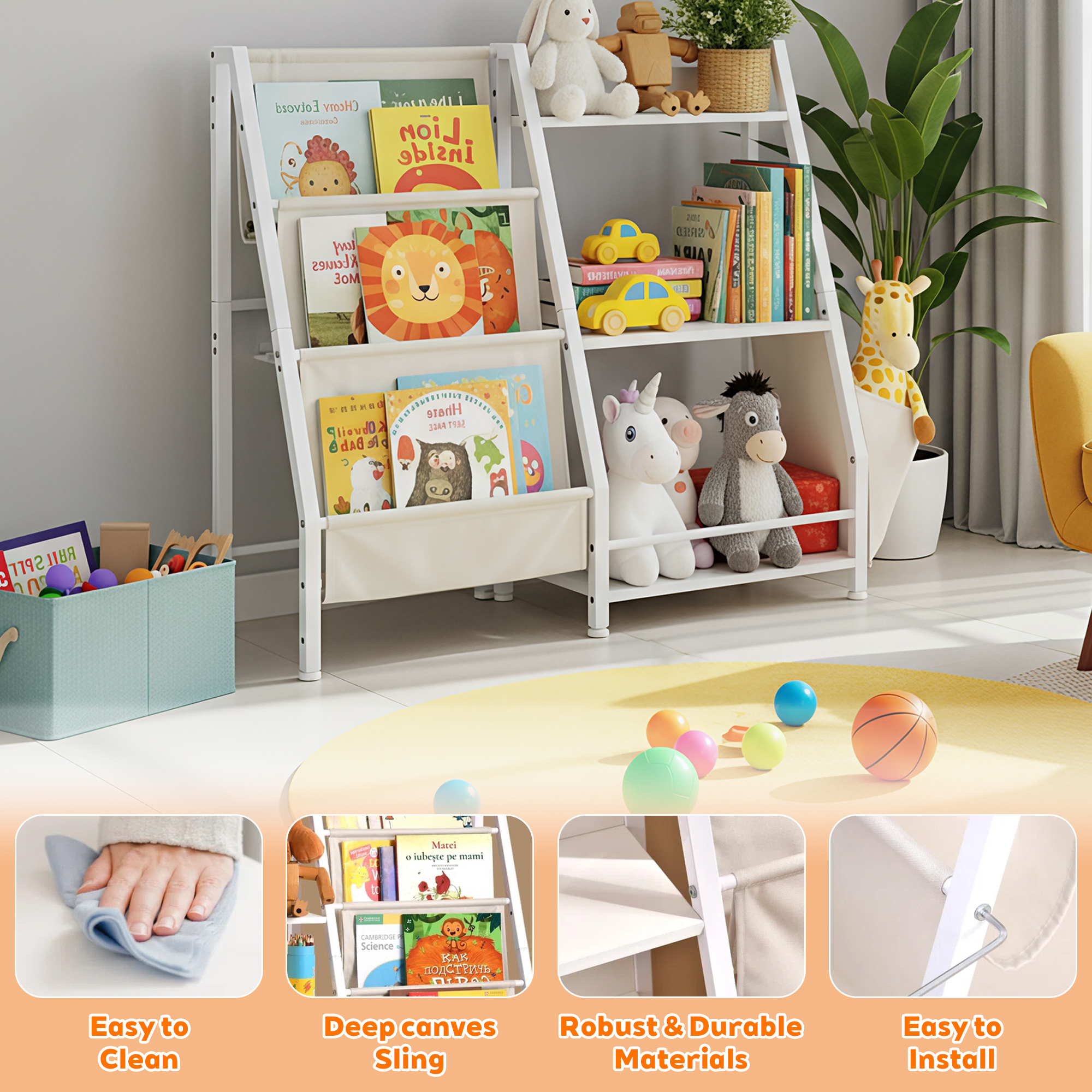 MAYEERTY Metal White Kids Bookshelf, 3-Tier Bookcase with Side Pocket, Children's Storage Organizer for Books & Toys