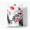 thumbnail image 4 of Japanese Cherry Blossom Blanket, Asian Nature Landscape Throw Blanket, Mountain Cherry Branches Red Sun Ink Painting Soft Warm Flannel Black White Grey Blanket,50X60, 4 of 5