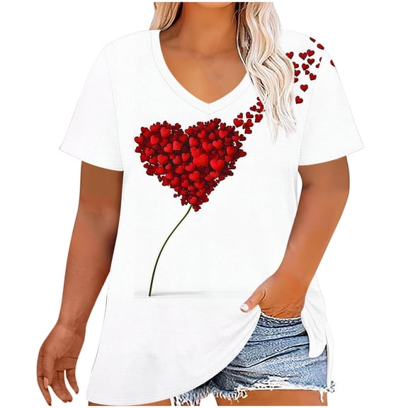 Women's Plus Size Tops Valentine's Day Short-Sleeve Shirt Love Heart Print T-Shirt V Neck Loose Fit Tees Cute Summer Tops for Women