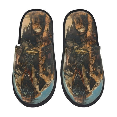 

Honeii desert Man Shepherd Dog Print Furry Slippers Bedroom Slippers for Women and Men Fuzzy Plush Comfy Faux Fur Lined Slide Shoes -Large