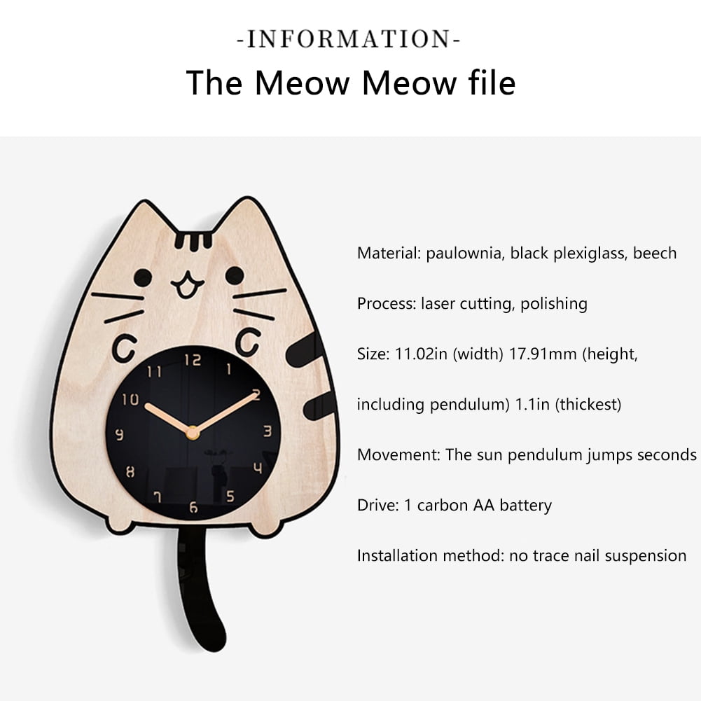 ITIGOITIE Cat Wagging Tail Wall Clock, Wooden Cartoon, Mute, Kids Room/Bedroom Creative Decorative