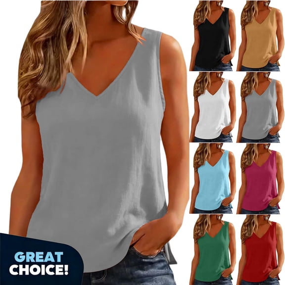 YODETEY Women’s Linen V-Neck Tank Top ,Women Shirts Loose Fit Sleeveless Summer Tops , Women's Plus Hot Pink,Size S