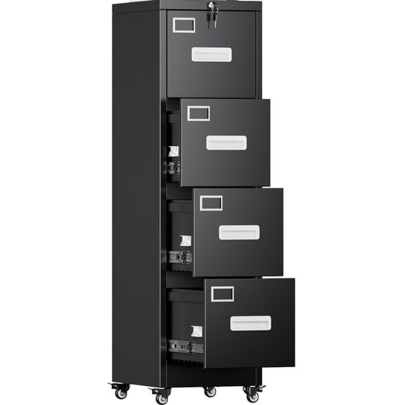 HUAXRON 4 Drawer Locking Metal Vertical File Cabinet with Wheels and Hanging Folders for Office, School, Home, Assemble Required (Black)
