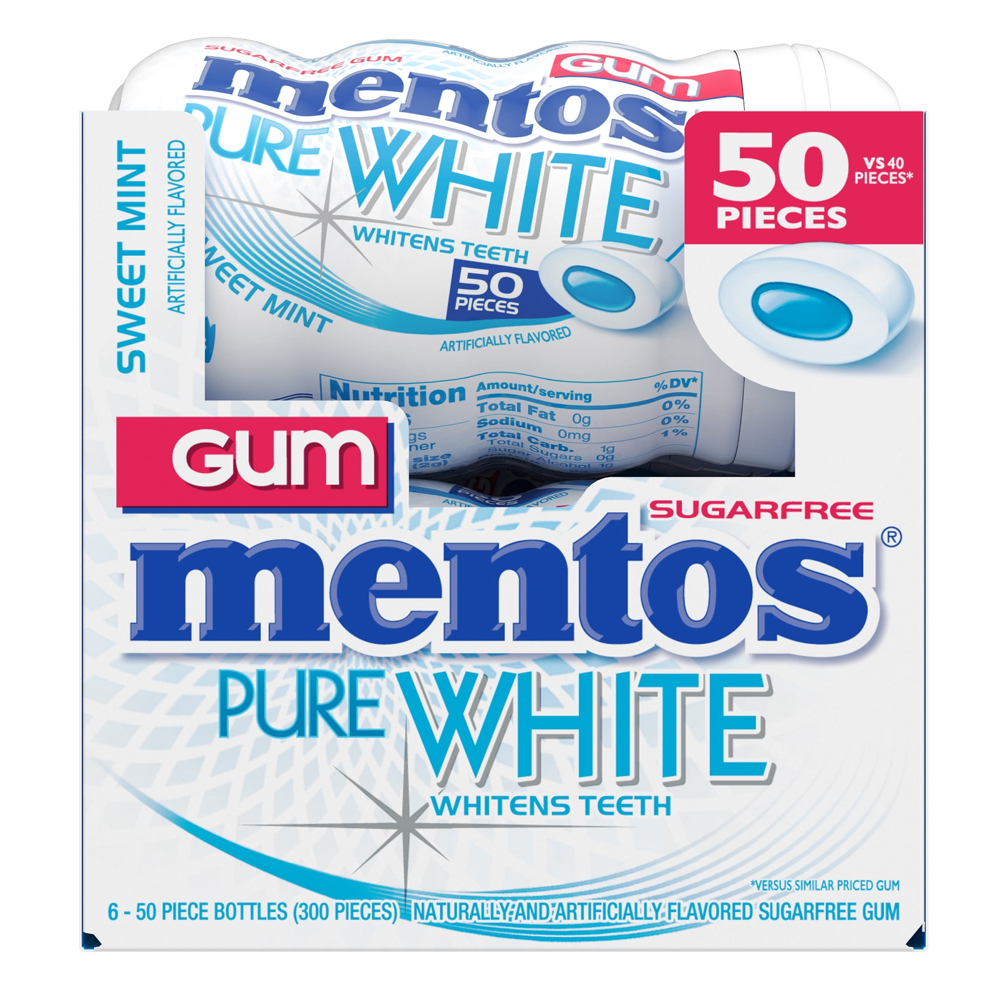 Mentos Pure White Gum, Sweet Mint, 50 Pieces (Pack of 6)