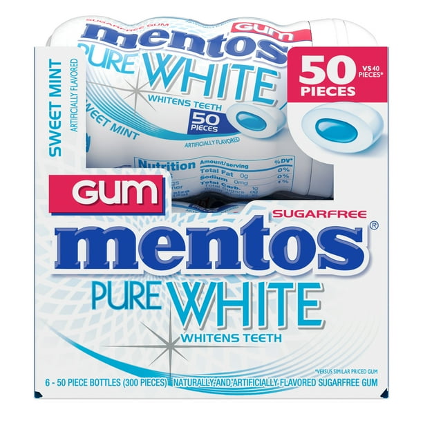 Mentos Pure White Gum, Sweet Mint, 50 Pieces (Pack of 6)