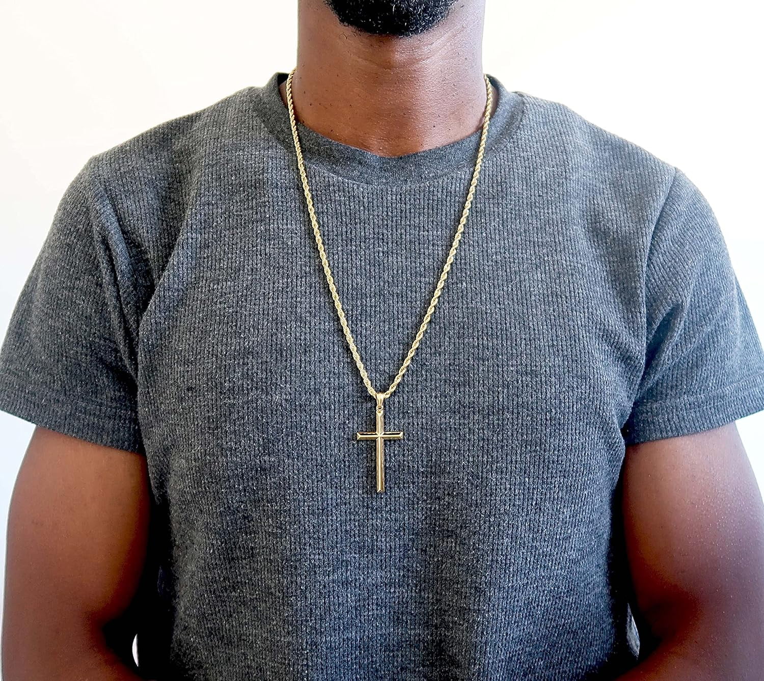 18K Beveled Edge Gold Cross Pendant Necklace for Men, Gold plated Necklace for Women. 3MM Rope Chain Fashion Jewelry Pendant