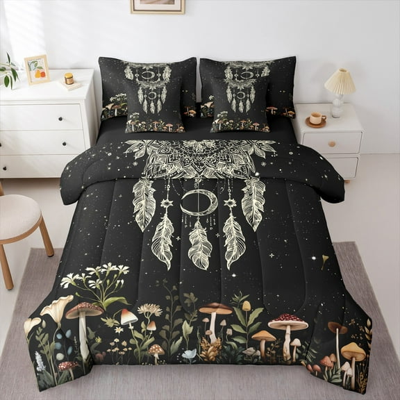 Manfei Retro Dreamcatcher 7-Piece Twin Bedding Sets,Natural Plant Mushroom Bedding Comforter Set,Country Farmhouse Cabin Sheet Sets For Children,Breathable Home Decor Reversible