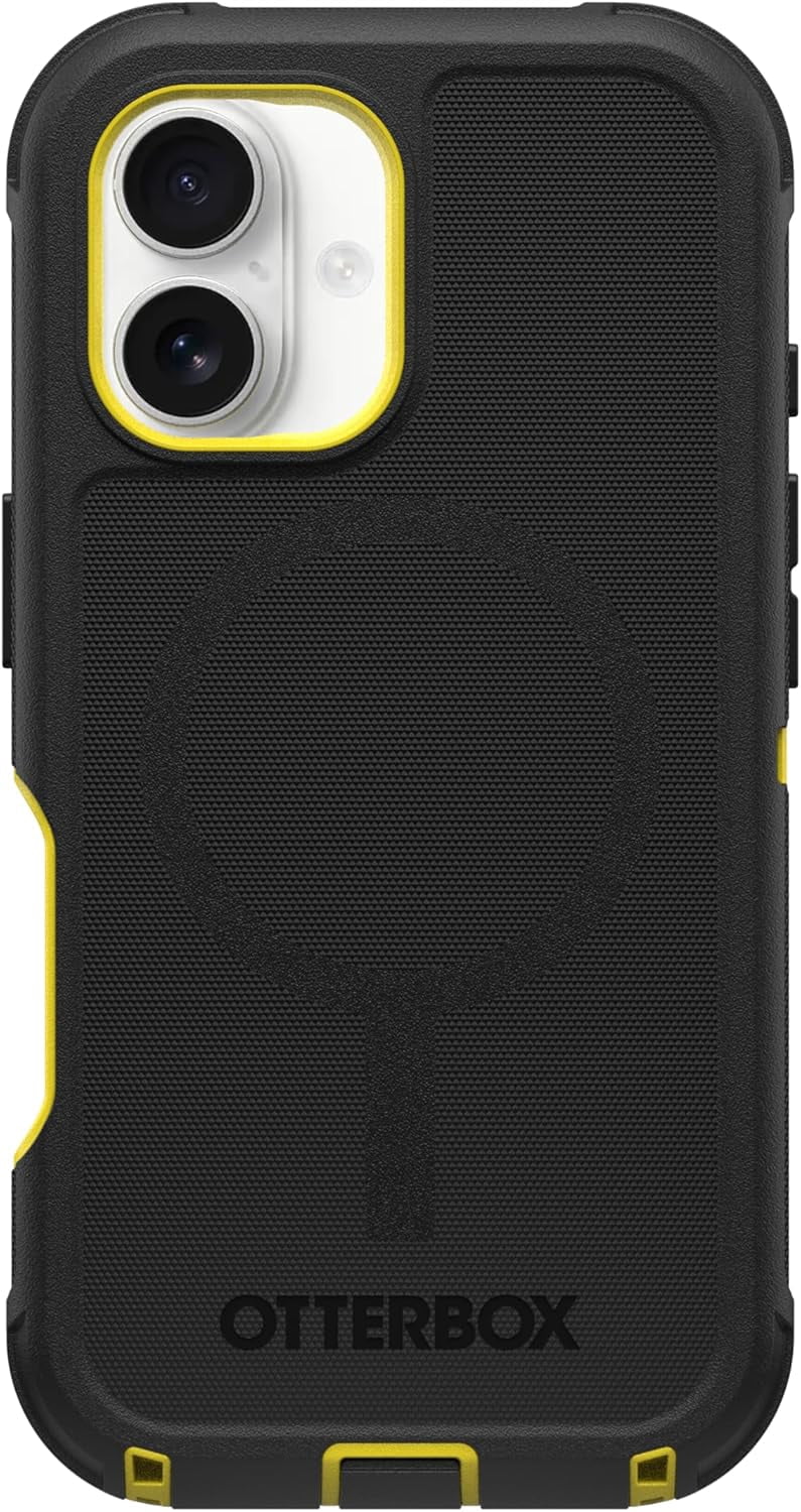 OtterBox iPhone 16 (Only) Defender Series MagSafe Case, Night Rever (Yellow & Black),Holster Clip Included, Built-in Magnets, Screenless, Rugged & Durable, with Port Protection, Non-Retail Packaging