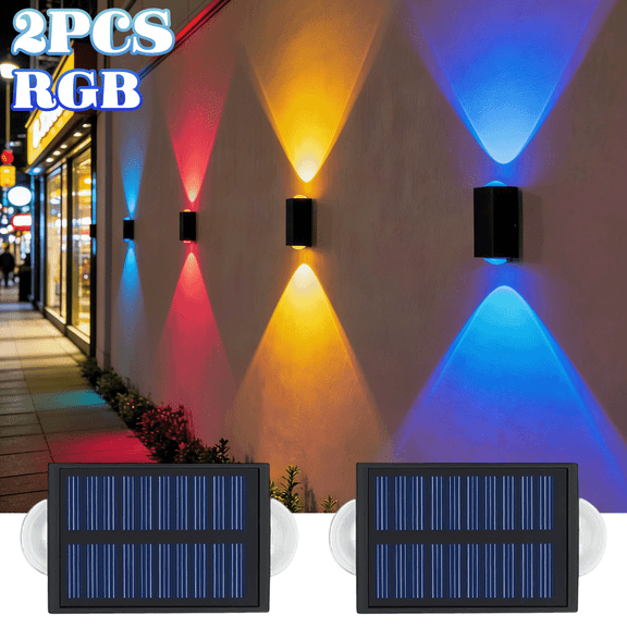 2 Pack RGB Solar Wall Lights Outdoor Waterproof Up and Down Color Changing LED Sconce Lamp for Fence, House, Patio, Porch, Yard, Garden, Garage, Easy to Install for Security and Decorative Lighting