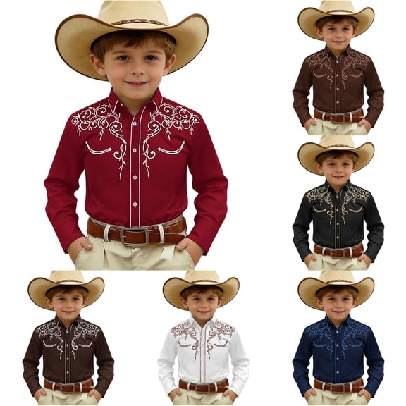 XAOFW Boys Western Denim Shirt With Graphic Print Long Sleeve Lapel Kids Casual Wear Boy's Button Front Shirts Stylish Tops 4-5 Years