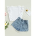 thumbnail image 4 of Faithtur Toddler Girls Summer 2PCS Outfit Sets White Ruffle Sleeve Ribbed Tops + Daisy Print Denim Shorts, 4 of 8