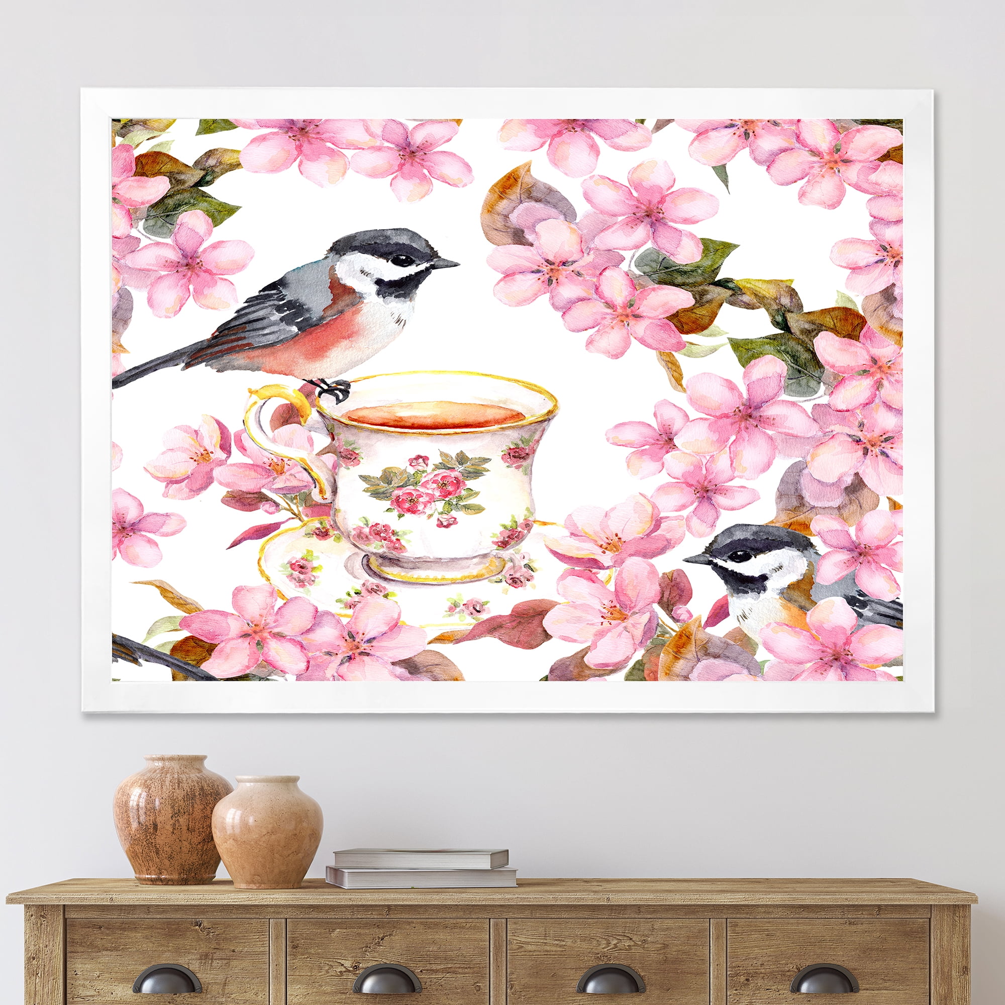 Designart 'Tea Cup Birds and Pink Flowers' Traditional Framed Art Print