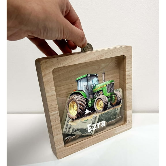 Personalized Savings Piggy Bank for Boys Custom Name Money Box Construction Truck Farm Tractor Hauling Farming Heavy Equipment Themed Toddler Boys Gift - Teach Savings in Style - Made in America