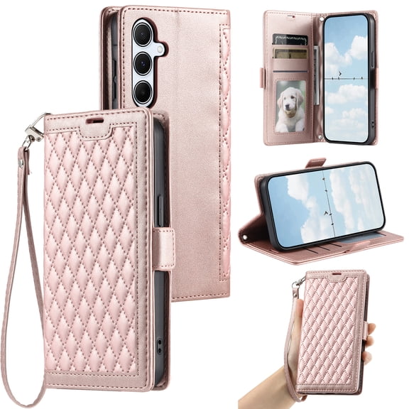 For Samsung Galaxy S26 Wallet Case with Card Holder [RFID Blocking] Flip Kickstand Premium PU Leather Folio Crossbody Strap Lanyard Wristlet Magnetic Clasp Shockproof for Women,Rosegold