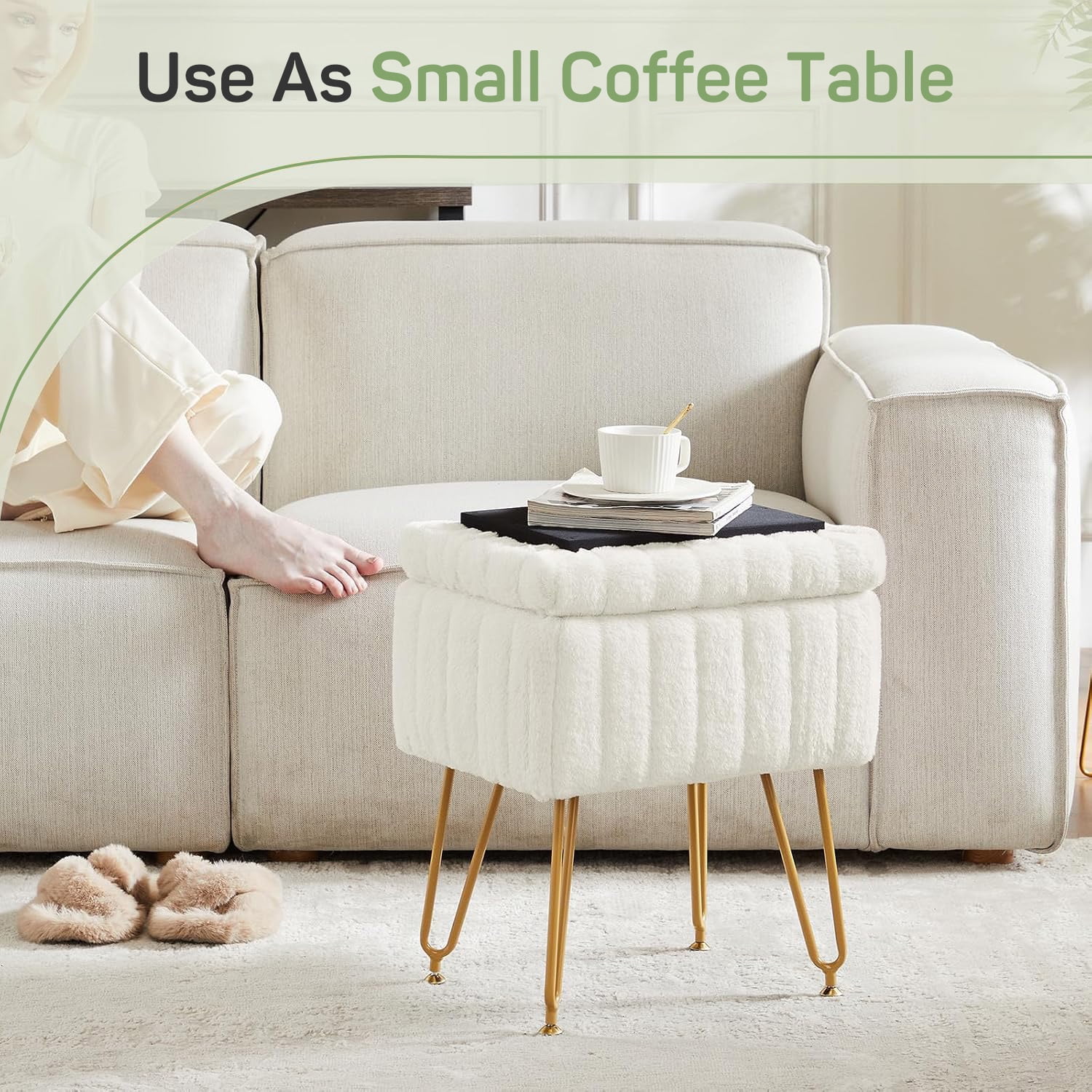 Parcus Faux Fur Vanity Stool with Storage, 16"L x 12.2"W x 18.9"H, Makeup Ottoman Chair with Padded Seat, 4 Metal Legs & Adjustable Anti-Slip Feet