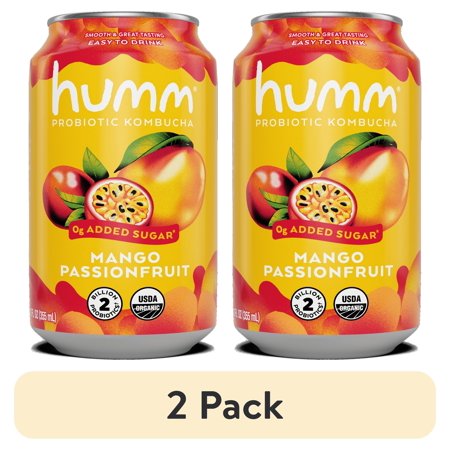 (2 pack) Humm Kombucha Tea, Mango Passionfruit, Probiotic, Organic, 12oz Can