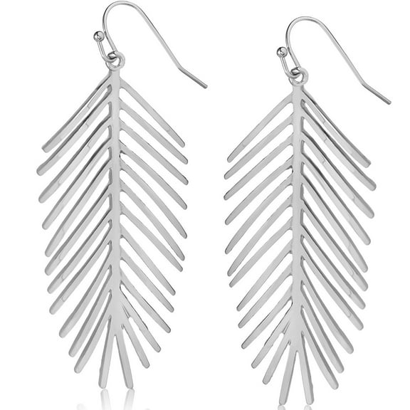 Humble Chic Palm Leaf Dangle Earrings - Long Boho Dangles, Silver - 3 inch