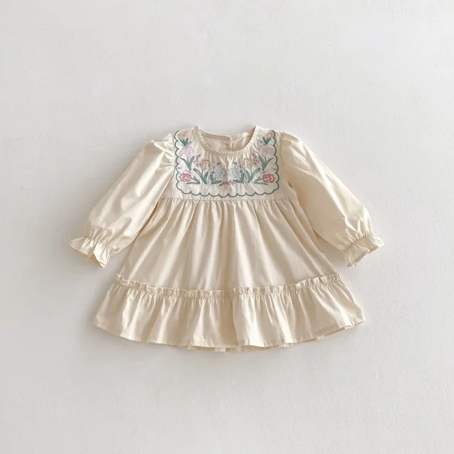 Ropa de primavera para niñas de 1 a 6 años, vestido informal para niños, vestido de princesa bordado con mangas abullonadas y cuello redondo