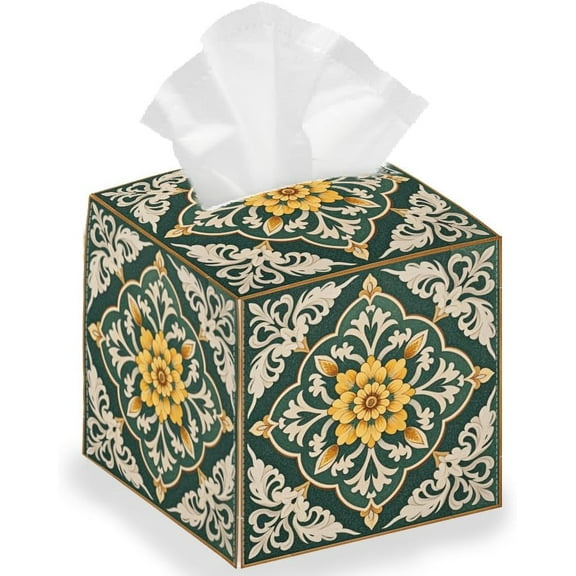Classical Retro Patterned Tissue Storage Box Square Foldable Tissue Box Holder Waterproof Leather Paper Towel Case Cover Container Organizer for Bedroom Office Car 13 * 13 * 13cm