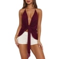 thumbnail image 3 of Women Sheer Mesh Halter Top Deep V Neck Split Hem Y2k Tank Tops Tie Back Sleeveless Flowy Camis Shirt Wine Red S, 3 of 8